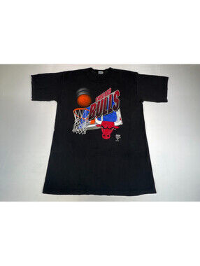 Vintage 90s Logo 7 Chicago Bulls Black Graphic T-Shirt Men Size XL Made in USA